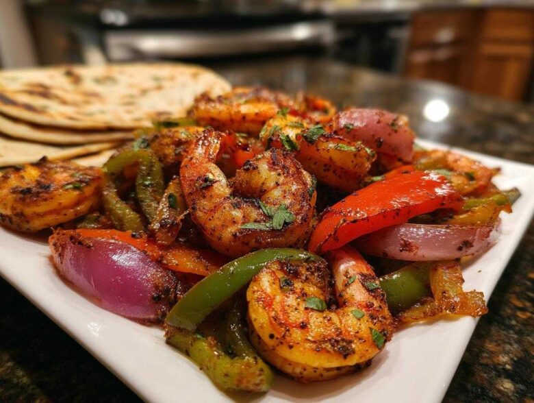 A close-up of delicious Sheet Pan Shrimp Fajitas featuring plump shrimp, colorful bell peppers, and red onions, garnished with fresh parsley.