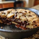 A warm skillet chocolate chip cookie with melted chocolate oozing out, a close-up view.