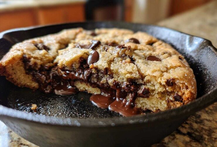 A warm skillet chocolate chip cookie with melted chocolate oozing out, a close-up view.