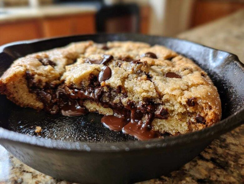 A warm skillet chocolate chip cookie with melted chocolate oozing out, a close-up view.