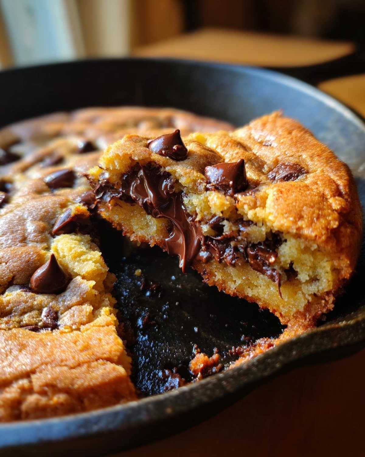 A warm skillet chocolate chip cookie with a gooey, melted chocolate center being lifted.
