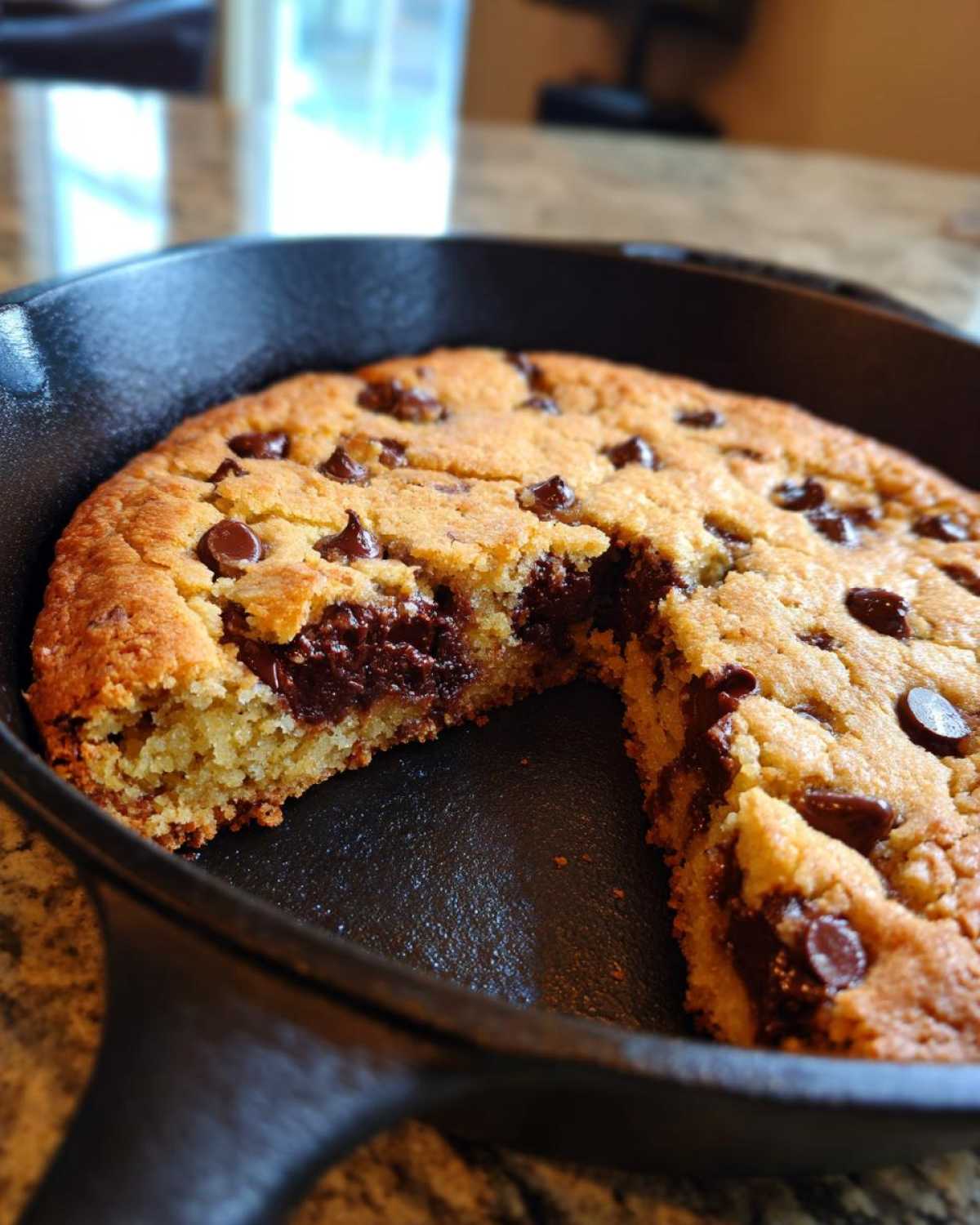 A warm, gooey Skillet Chocolate Chip Cookie with melted chocolate chips in a cast iron skillet.