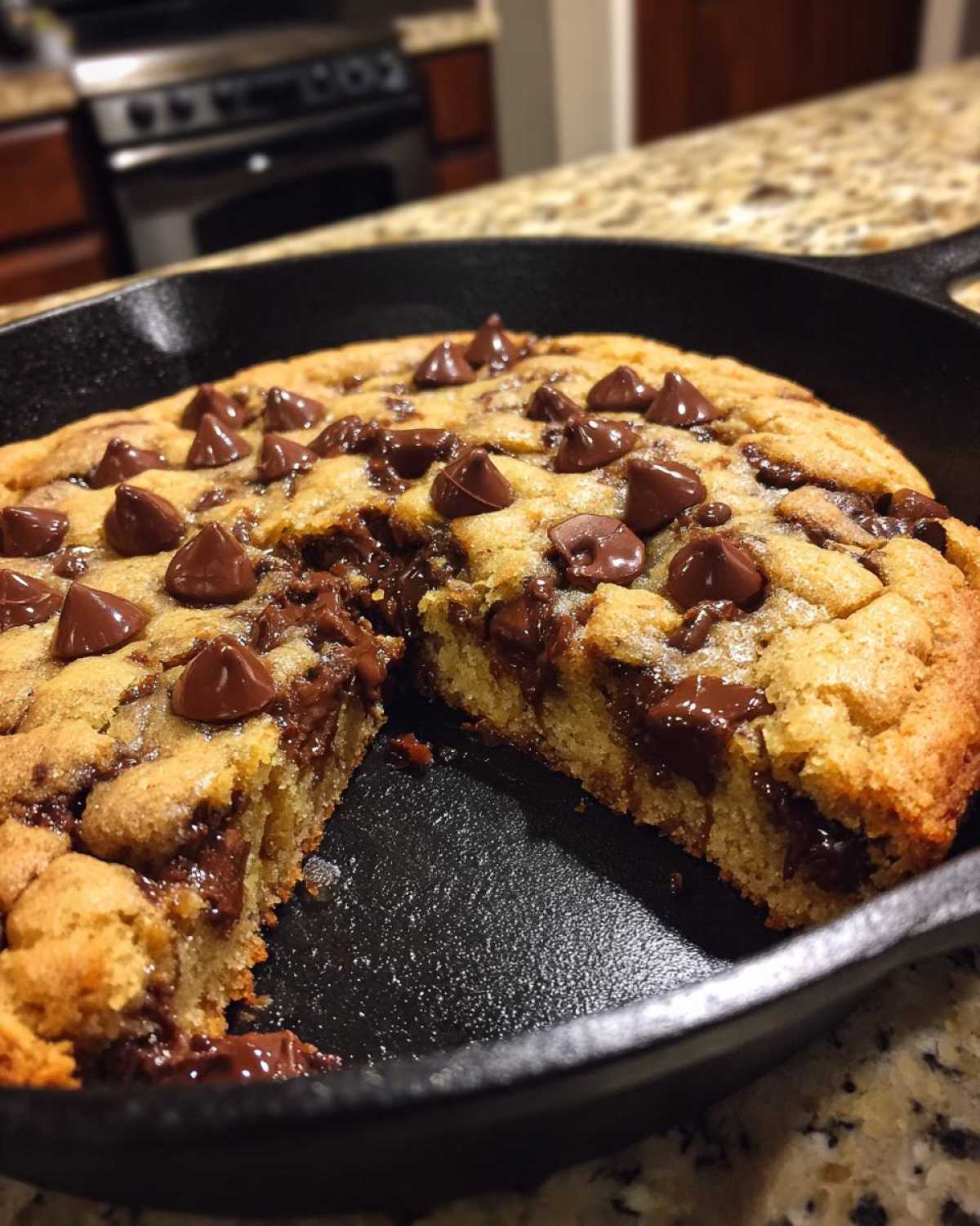 A warm skillet chocolate chip cookie with a slice removed, showing gooey melted chocolate chips.