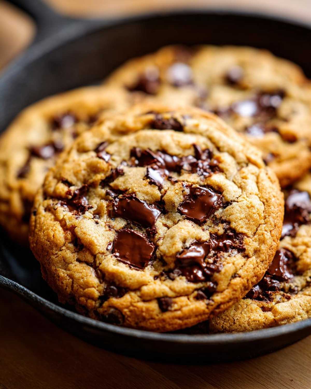 Close-up of a warm Skillet Chocolate Chip Cookie, with gooey melted chocolate chips.