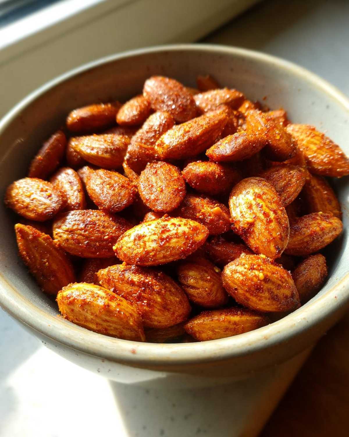 A close-up of a bowl filled with shiny, seasoned Smoky Paprika Almonds.