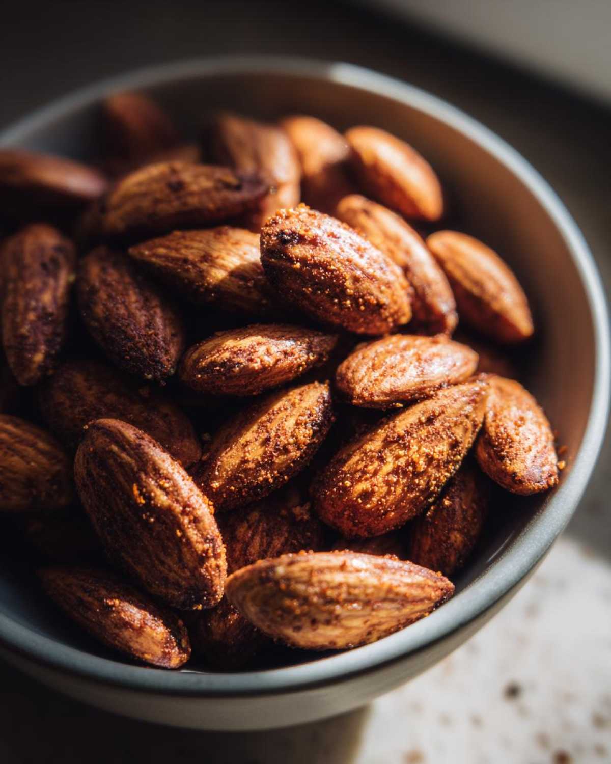 Close-up of a bowl filled with delicious Smoky Paprika Almonds, seasoned with spices.