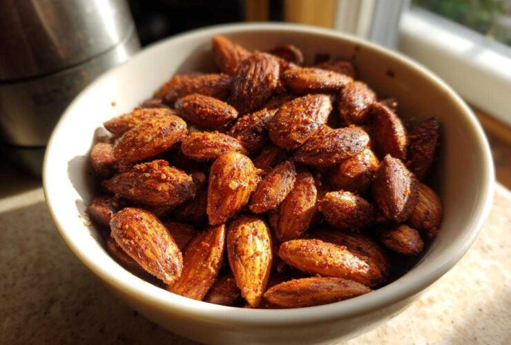 A close-up of a bowl filled with delicious Smoky Paprika Almonds, seasoned and ready to eat.