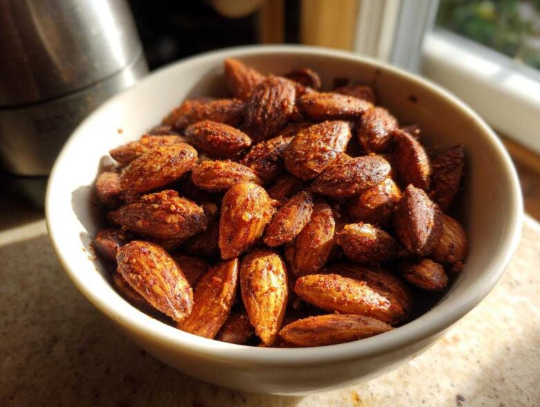 A close-up of a bowl filled with delicious Smoky Paprika Almonds, seasoned and ready to eat.