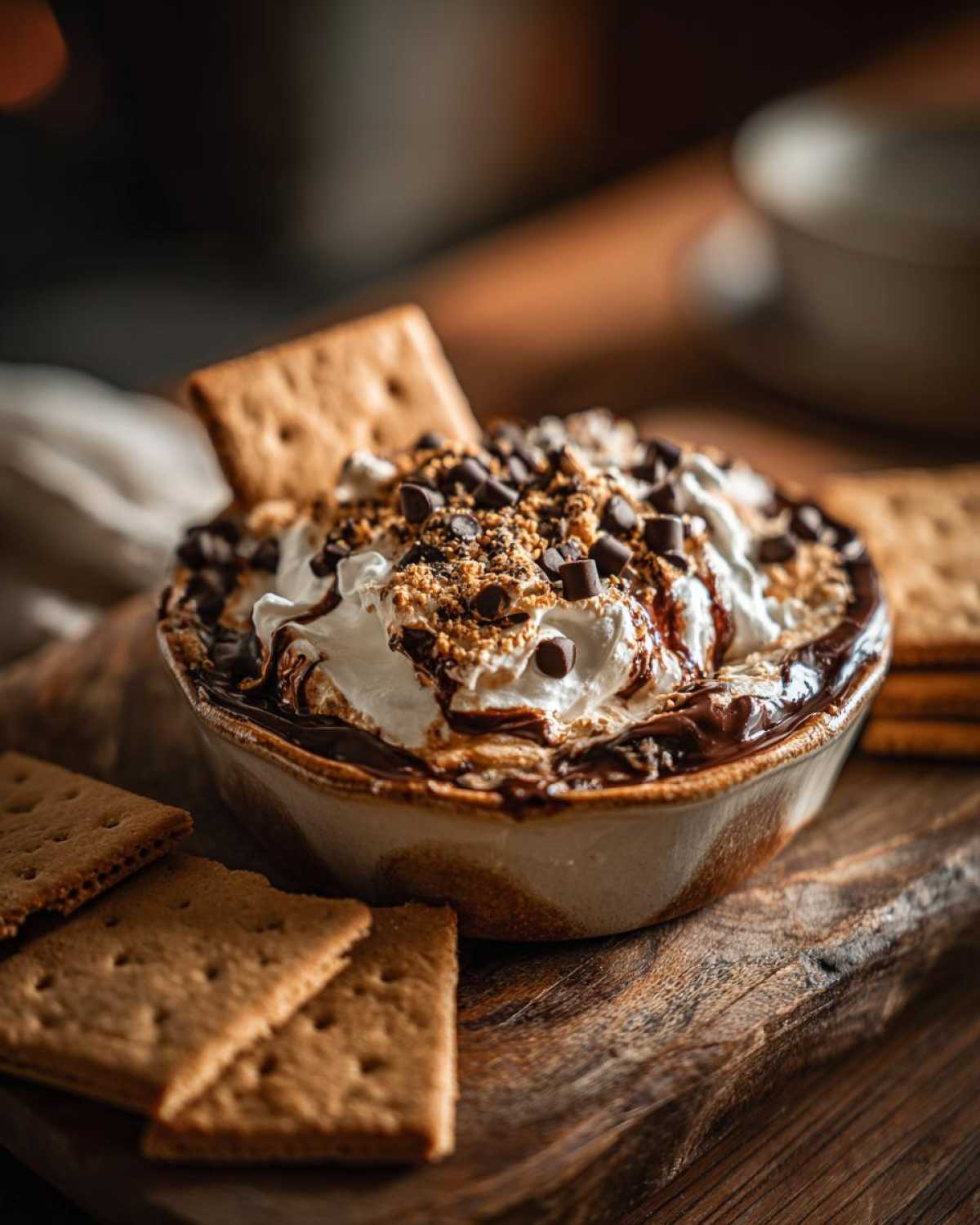 A close-up of a creamy S'mores Cheesecake Dip topped with whipped cream, chocolate chips, and graham cracker crumbs, served with graham crackers.