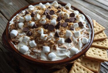A close-up of a S'mores Cheesecake Dip in a brown dish, topped with marshmallows, chocolate chips, and graham cracker crumbs, with graham crackers on the side.