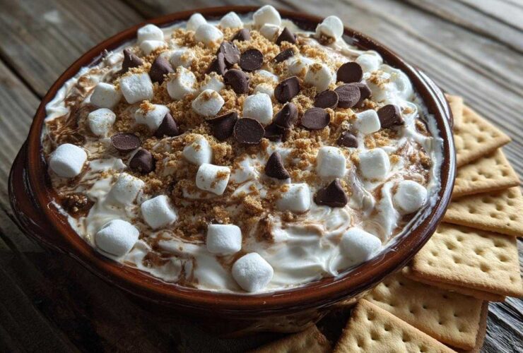 A close-up of a S'mores Cheesecake Dip in a brown dish, topped with marshmallows, chocolate chips, and graham cracker crumbs, with graham crackers on the side.