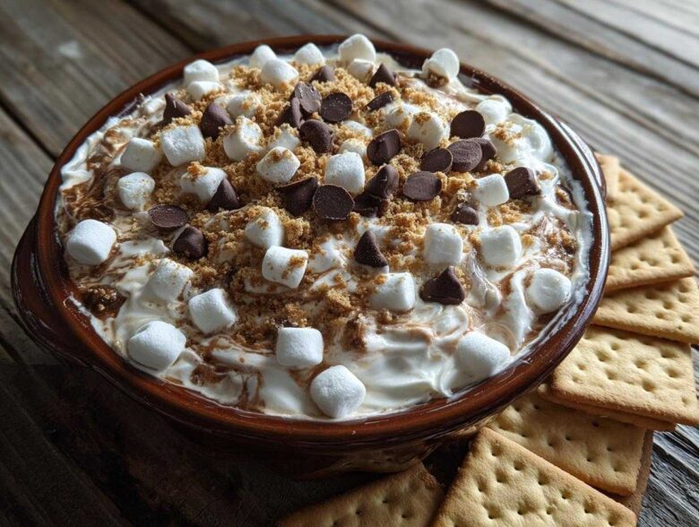 A close-up of a S'mores Cheesecake Dip in a brown dish, topped with marshmallows, chocolate chips, and graham cracker crumbs, with graham crackers on the side.