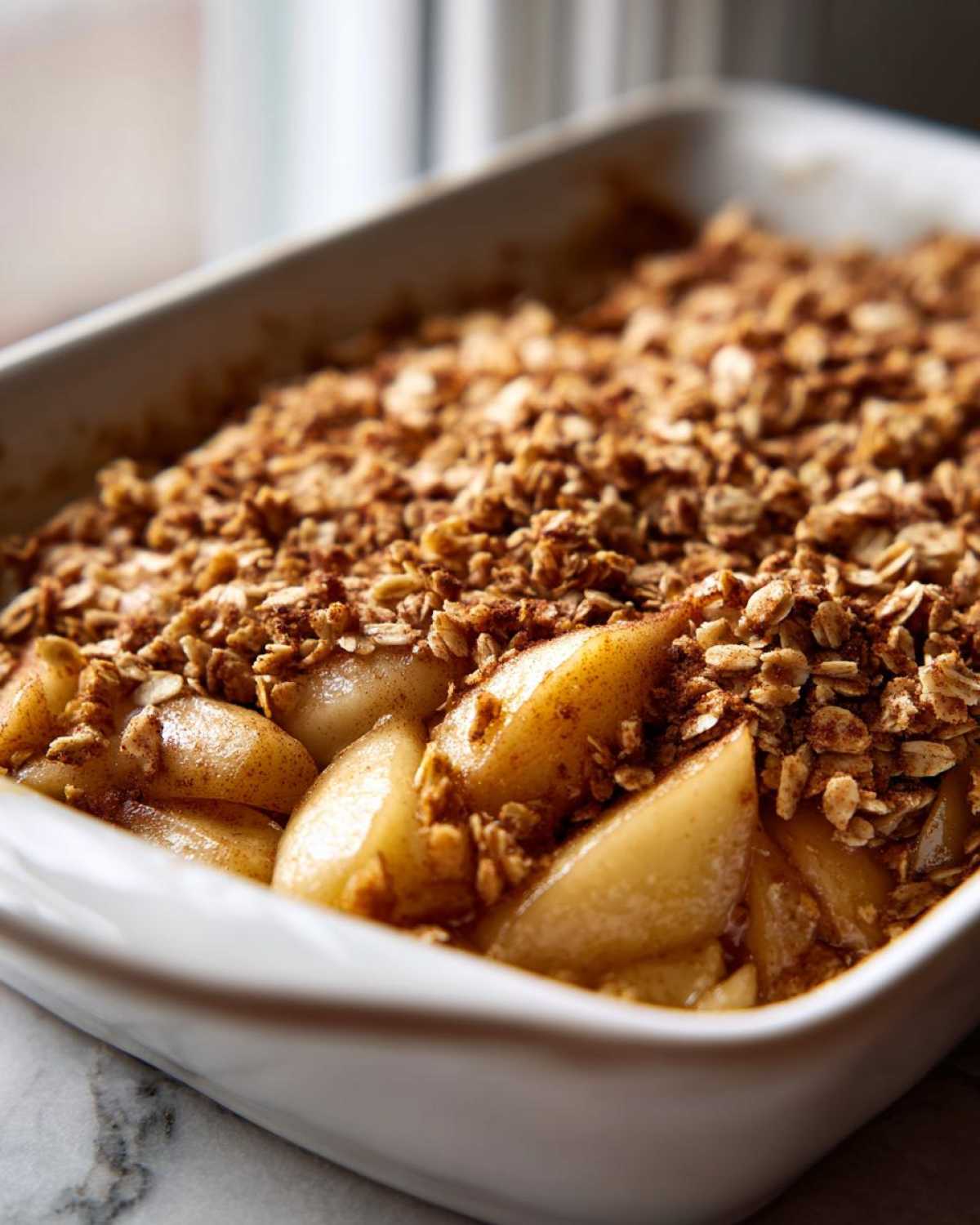 Close-up of a freshly baked Spiced Pear Crisp in a white baking dish, showing tender pear slices and a crunchy oat topping.