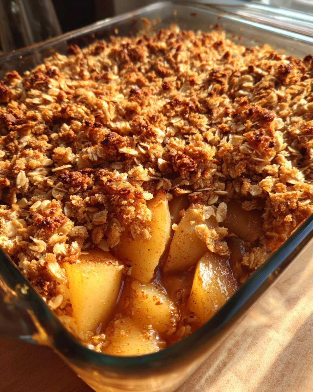 Close-up of a freshly baked Spiced Pear Crisp in a glass baking dish, showing tender pear chunks under a golden oat topping.