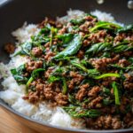 Close-up of Spicy Thai Basil Beef (Pad Kra Pao) served over fluffy white rice in a wok.