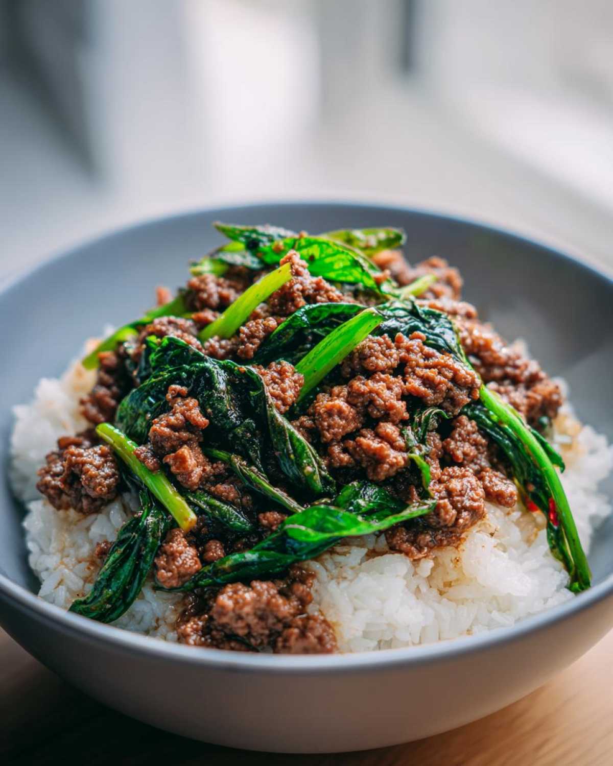 Close-up of Spicy Thai Basil Beef (Pad Kra Pao) served over fluffy white rice in a grey bowl.