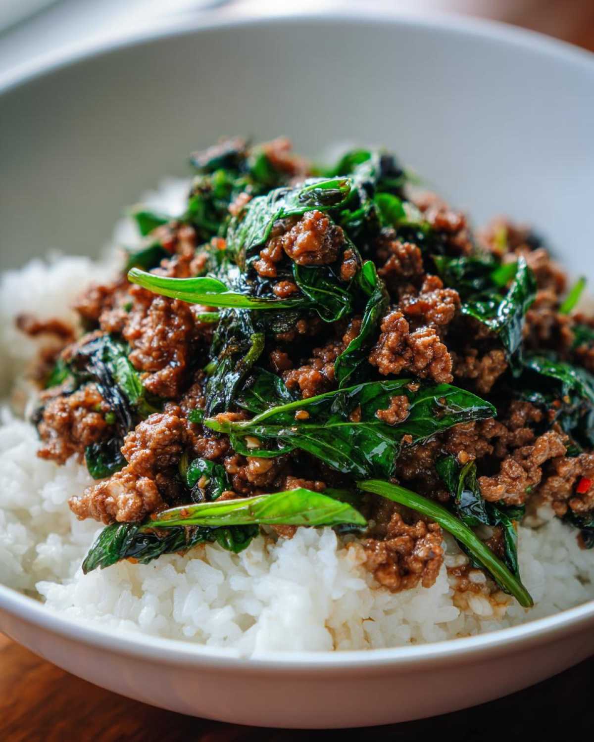 A close-up of Spicy Thai Basil Beef (Pad Kra Pao) served over a bed of fluffy white rice in a white bowl.