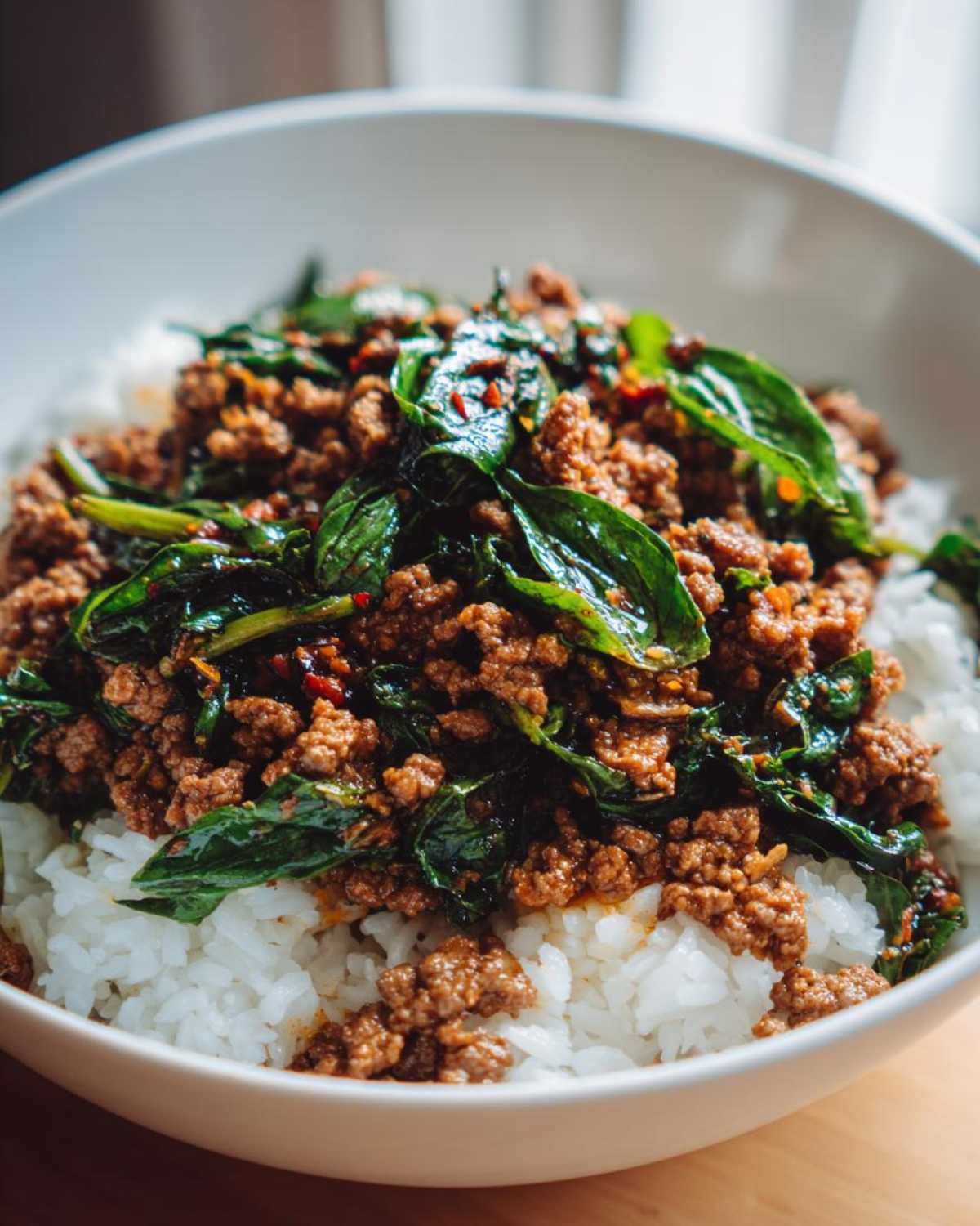 A close-up of Spicy Thai Basil Beef (Pad Kra Pao) served over fluffy white rice in a white bowl.