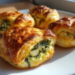 Golden brown Spinach & Feta Puff Pastry Bites with sesame seeds on a white plate.