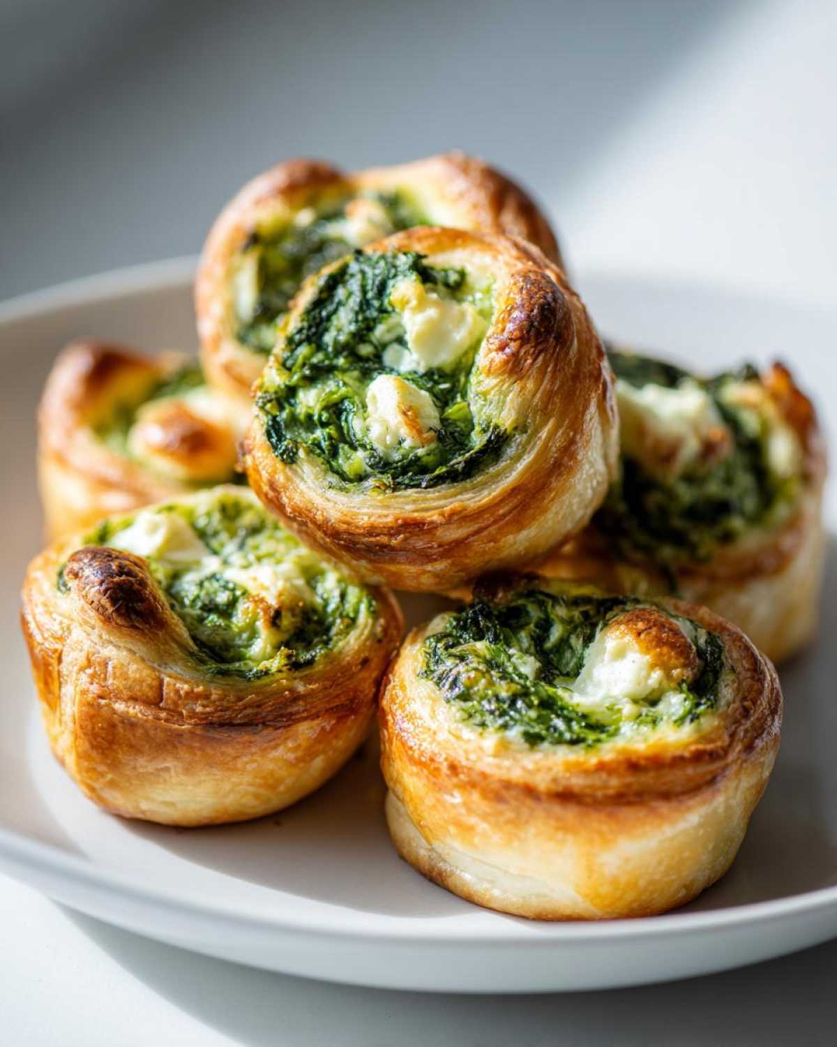 A close-up of golden-brown Spinach & Feta Puff Pastry Bites stacked on a white plate, showcasing the flaky pastry and green filling.