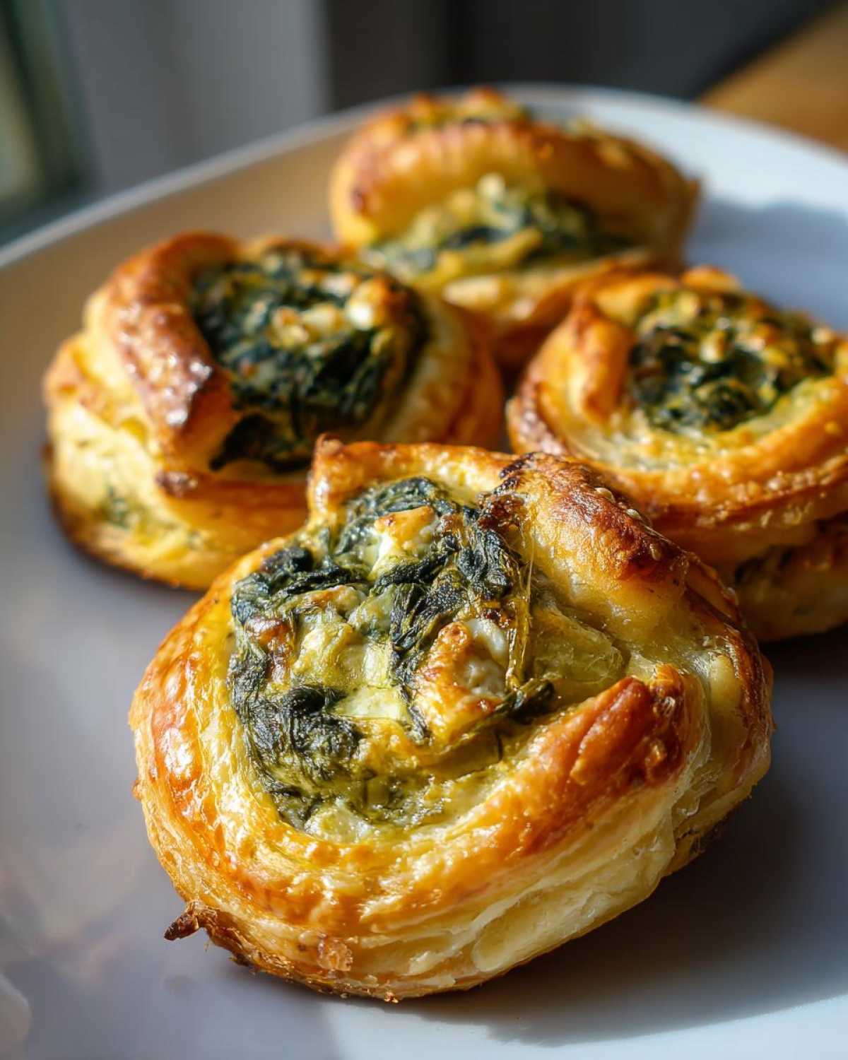 A close-up of several golden-brown Spinach & Feta Puff Pastry Bites on a white plate.