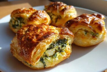 Golden brown Spinach & Feta Puff Pastry Bites with sesame seeds on a white plate.
