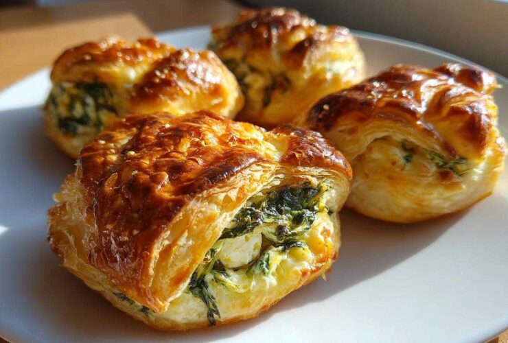 Golden brown Spinach & Feta Puff Pastry Bites with sesame seeds on a white plate.