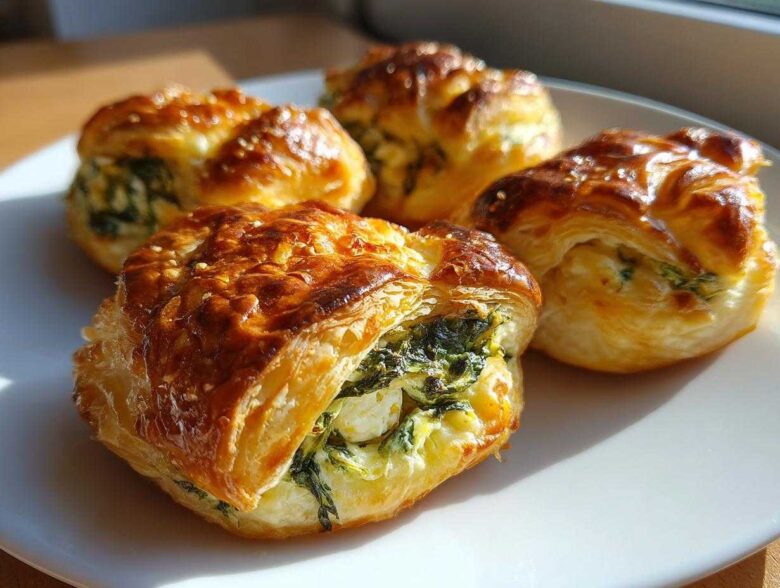 Golden brown Spinach & Feta Puff Pastry Bites with sesame seeds on a white plate.