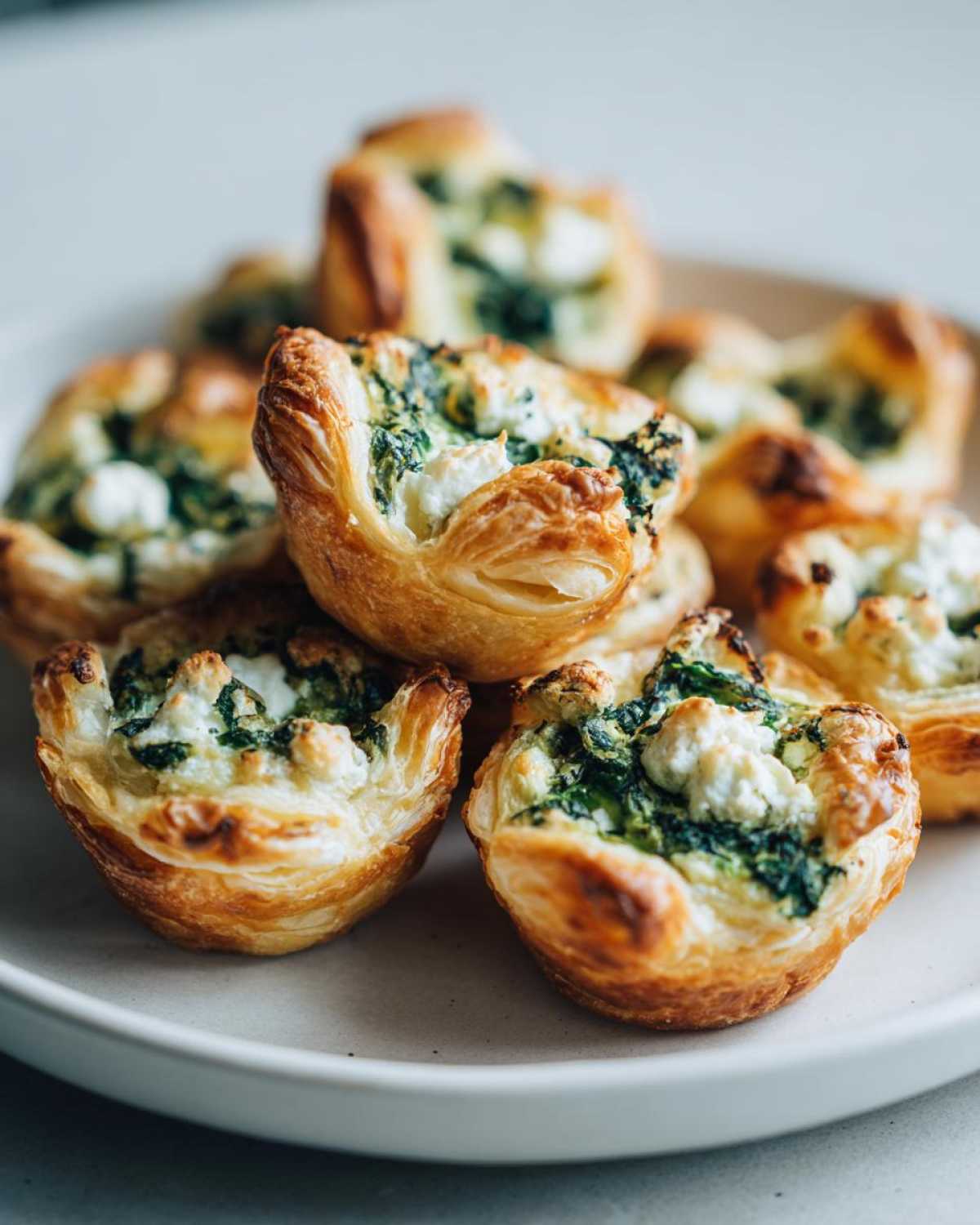 A close-up shot of golden brown Spinach & Feta Puff Pastry Bites filled with creamy feta and wilted spinach.
