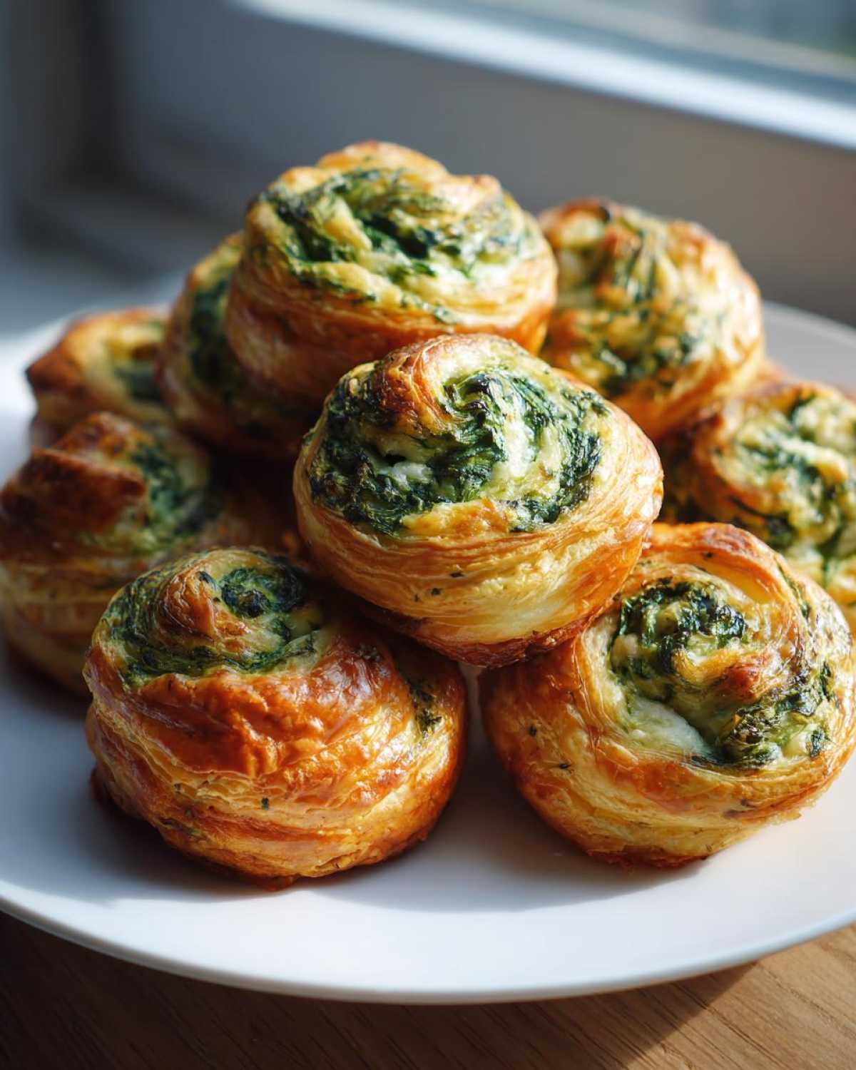 A close-up of a stack of golden-brown Spinach & Feta Puff Pastry Bites, showcasing the flaky pastry and green spinach filling.