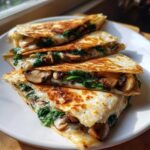 Close-up of a stack of golden-brown Spinach Mushroom Quesadilla slices, showing melted cheese, spinach, and mushrooms.