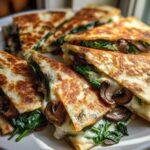 Close-up of golden-brown Spinach Mushroom Quesadilla slices filled with melted cheese, spinach, and mushrooms.