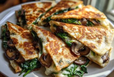 Close-up of golden-brown Spinach Mushroom Quesadilla slices filled with melted cheese, spinach, and mushrooms.