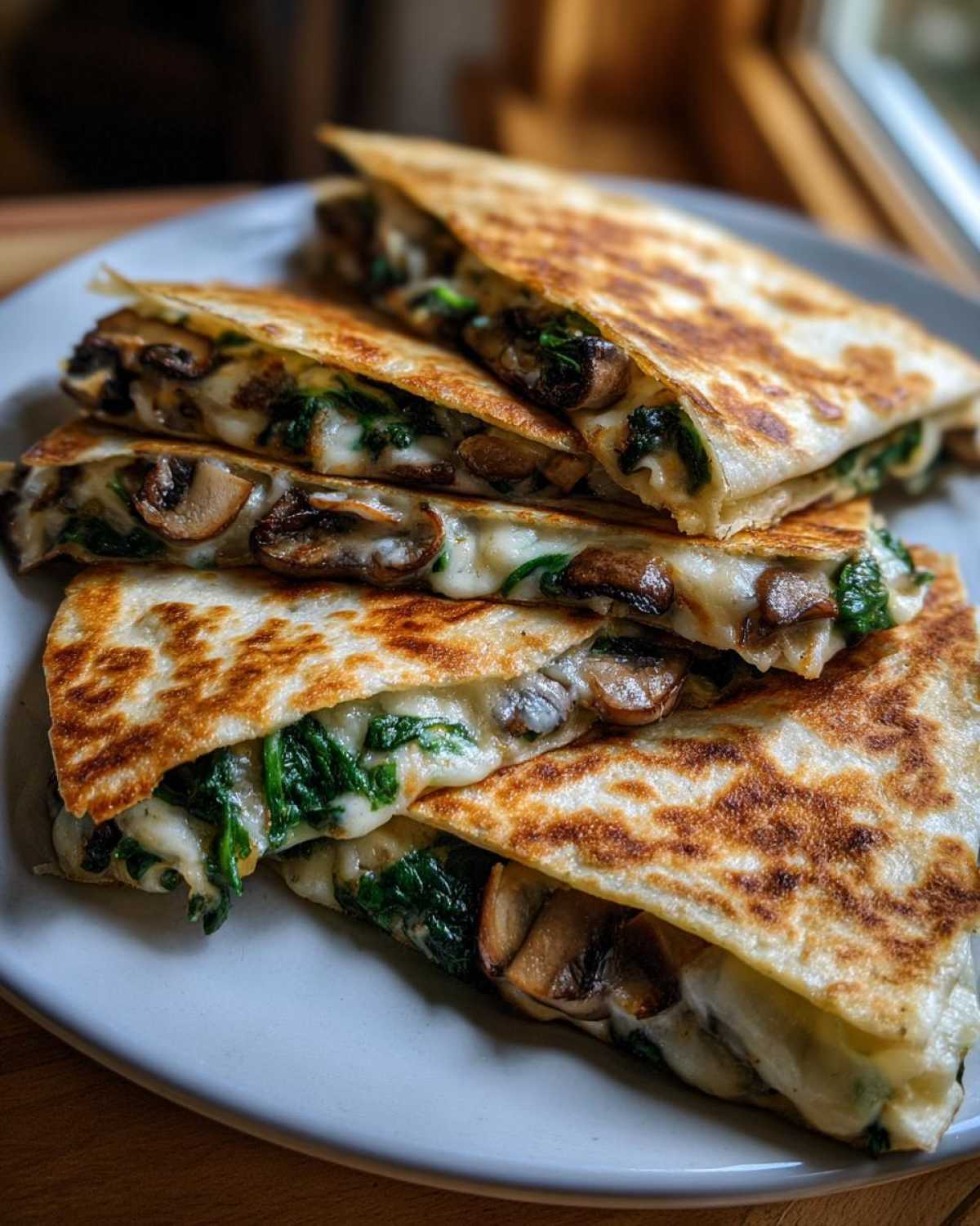 Close-up of a Spinach Mushroom Quesadilla cut into wedges, showing melted cheese, spinach, and mushrooms.
