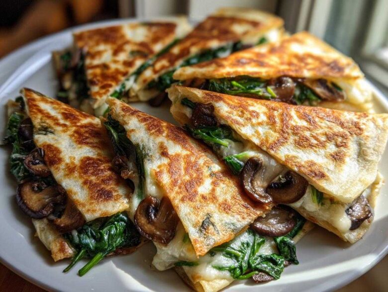 Close-up of golden-brown Spinach Mushroom Quesadilla slices filled with melted cheese, spinach, and mushrooms.