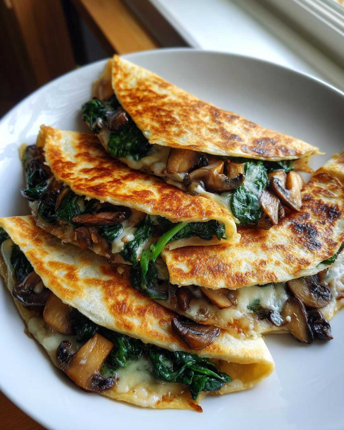 Close-up of a stack of golden brown Spinach Mushroom Quesadillas filled with melted cheese, spinach, and mushrooms.