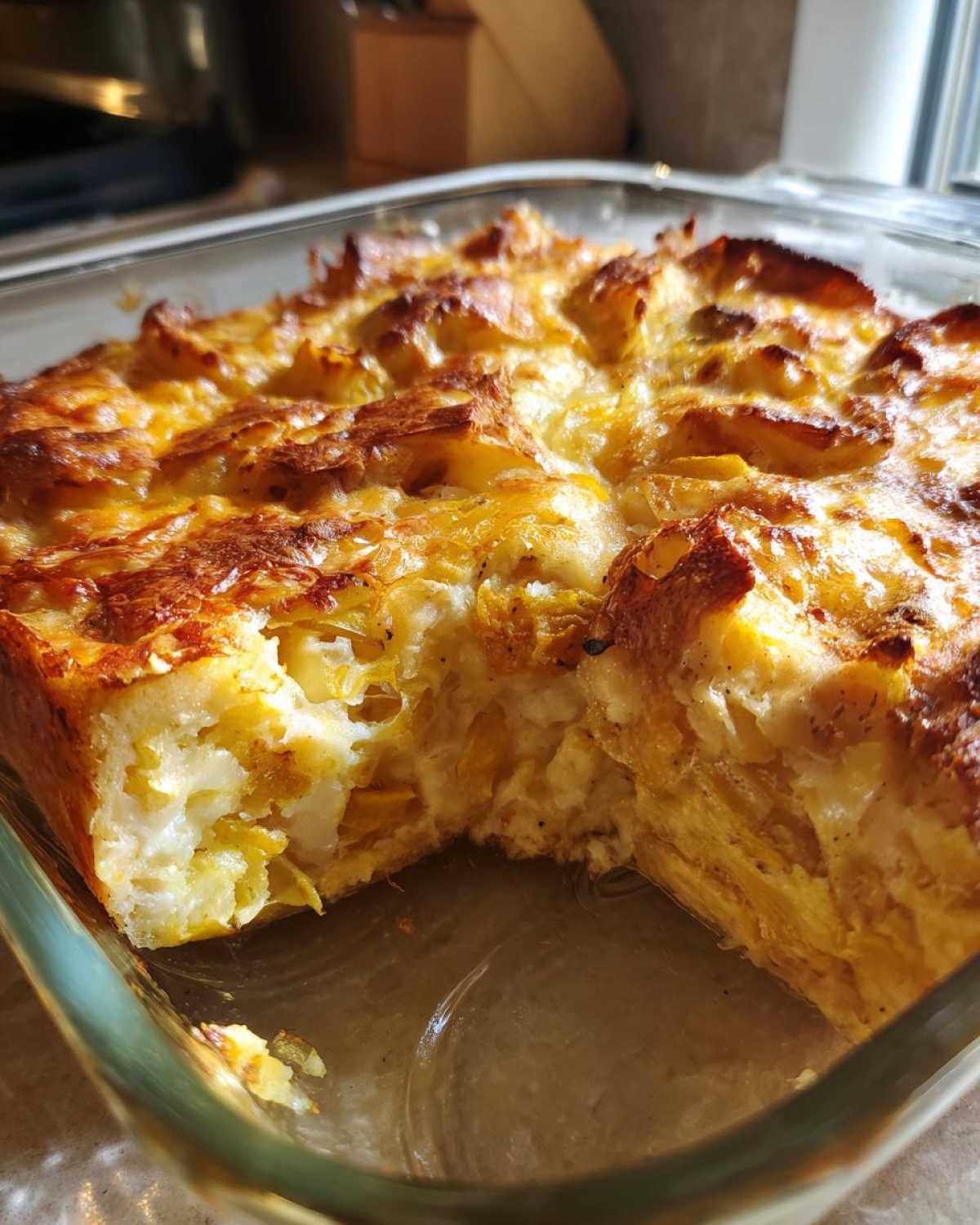 A close-up of a freshly baked Squash Casserole in a glass baking dish, with a golden-brown crust and visible layers of squash.