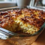 A close-up, angled view of a golden-brown baked Squash Casserole in a clear glass baking dish.