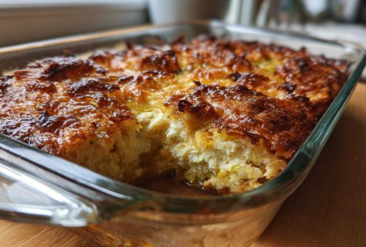 A close-up, angled view of a golden-brown baked Squash Casserole in a clear glass baking dish.