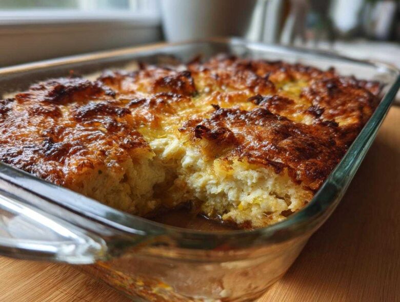 A close-up, angled view of a golden-brown baked Squash Casserole in a clear glass baking dish.