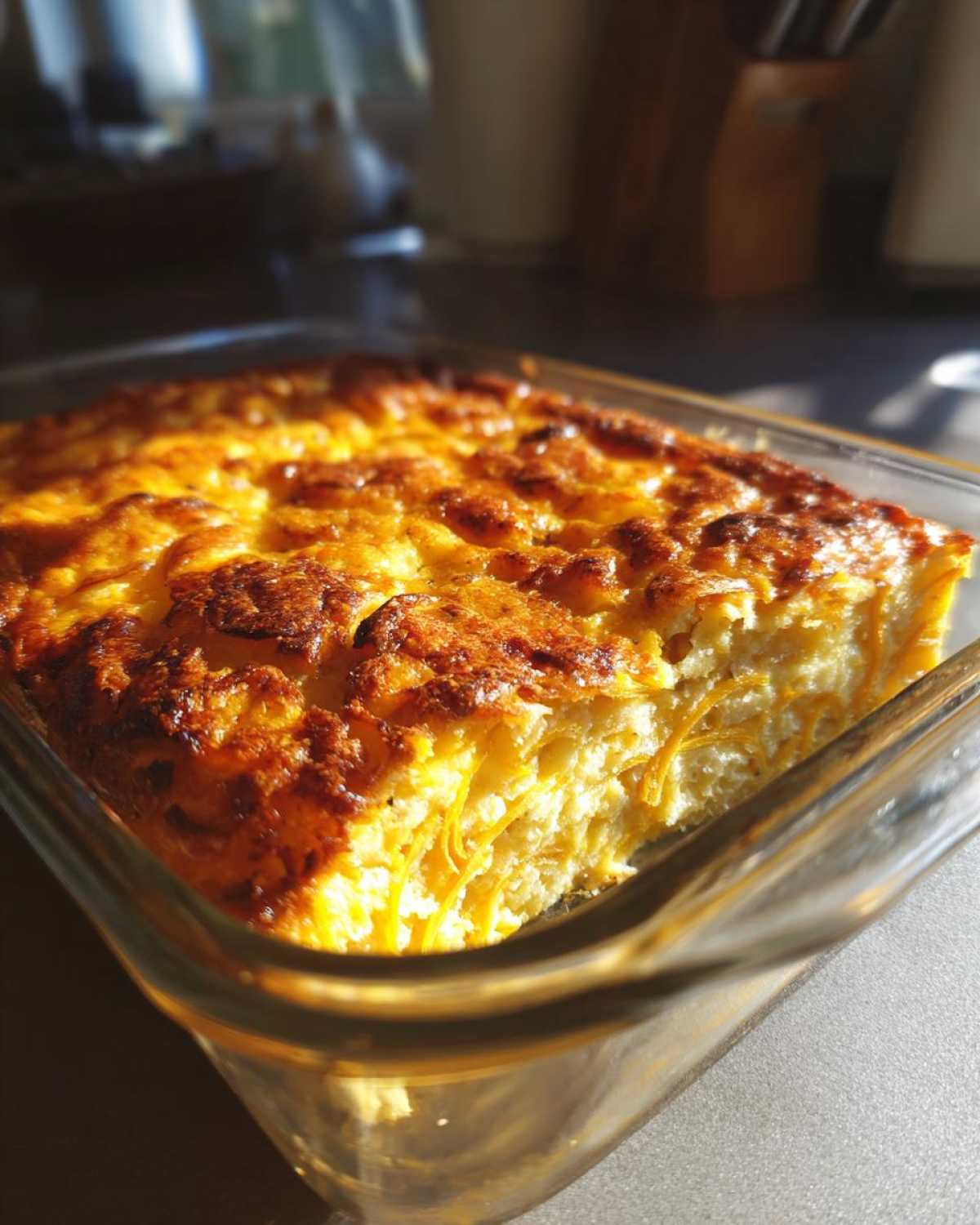 A close-up of a golden brown Squash Casserole baked in a glass dish, showing a slice cut out.