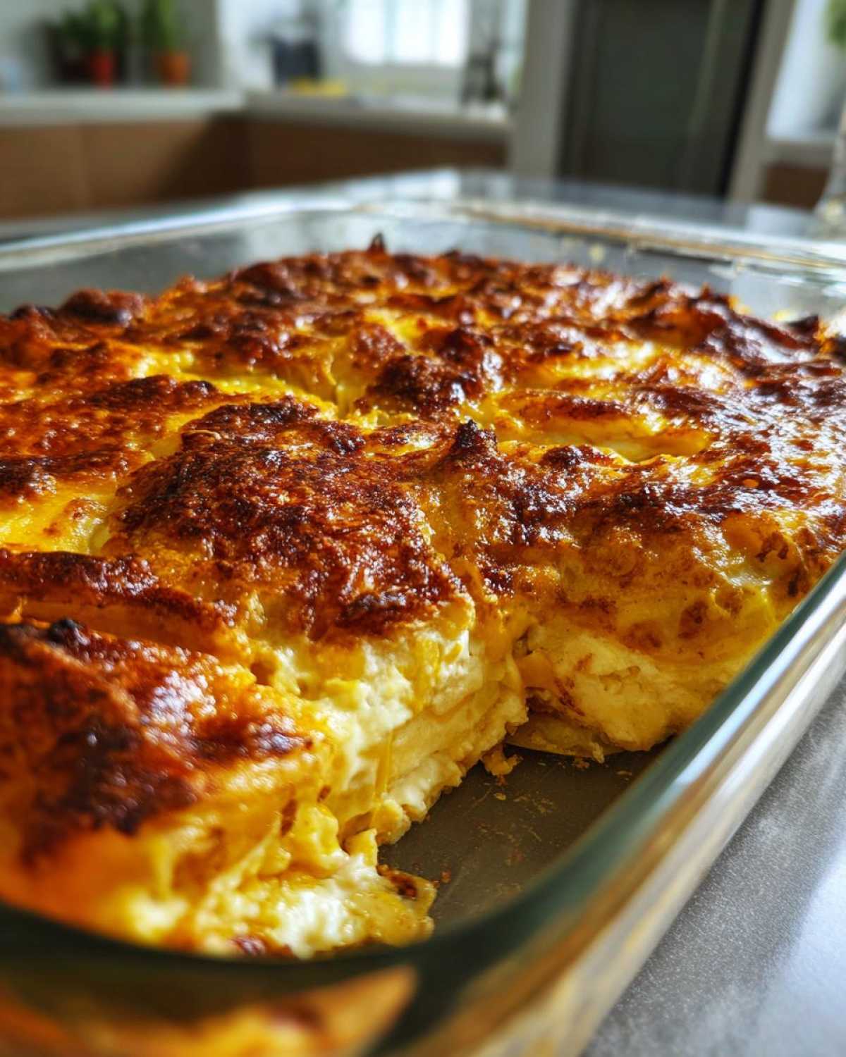 A close-up of a freshly baked Squash Casserole in a glass baking dish, with a golden-brown, bubbly crust.