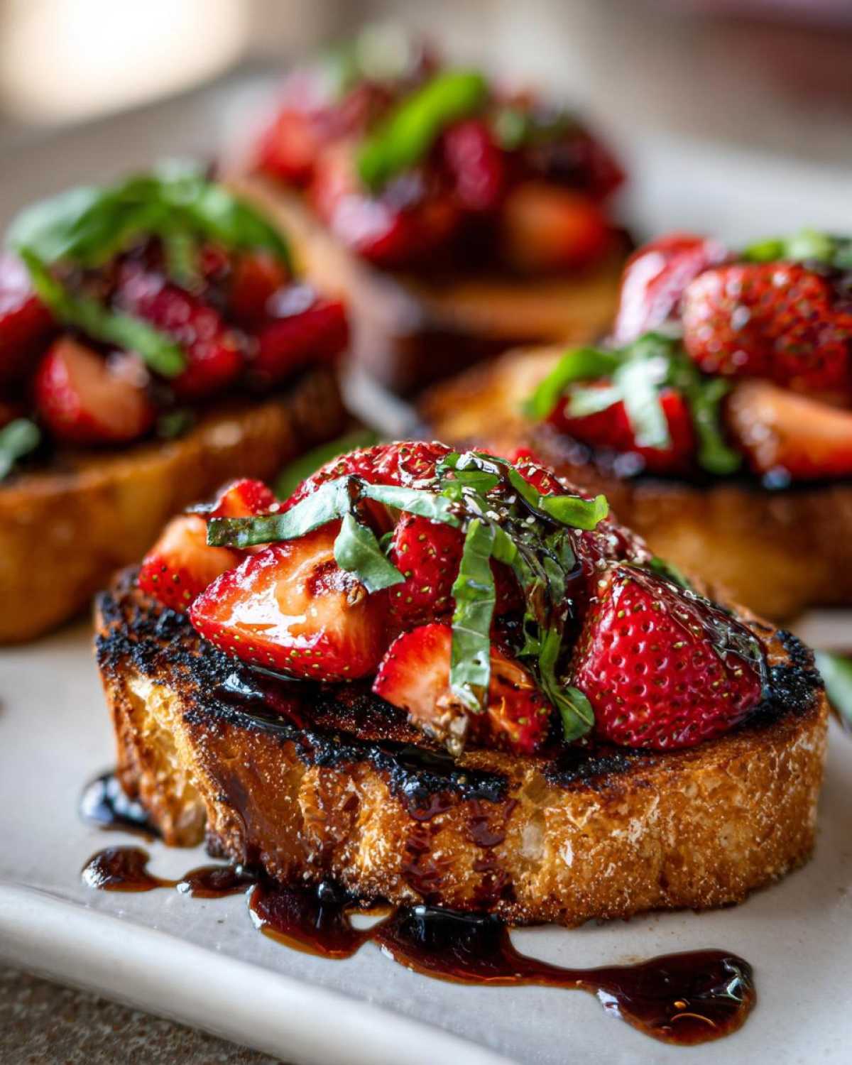 Close-up of Strawberry Balsamic Bruschetta topped with fresh strawberries, basil, and balsamic glaze.