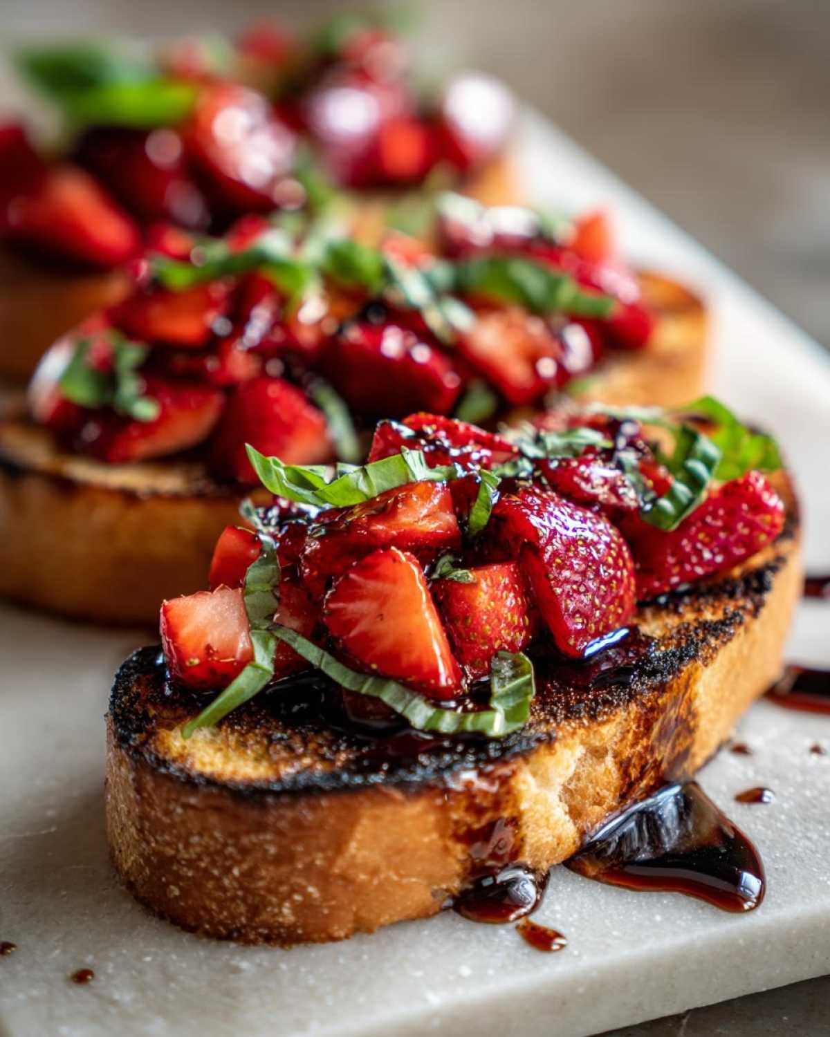 Close-up of Strawberry Balsamic Bruschetta topped with fresh strawberries, basil, and balsamic glaze on toasted bread.