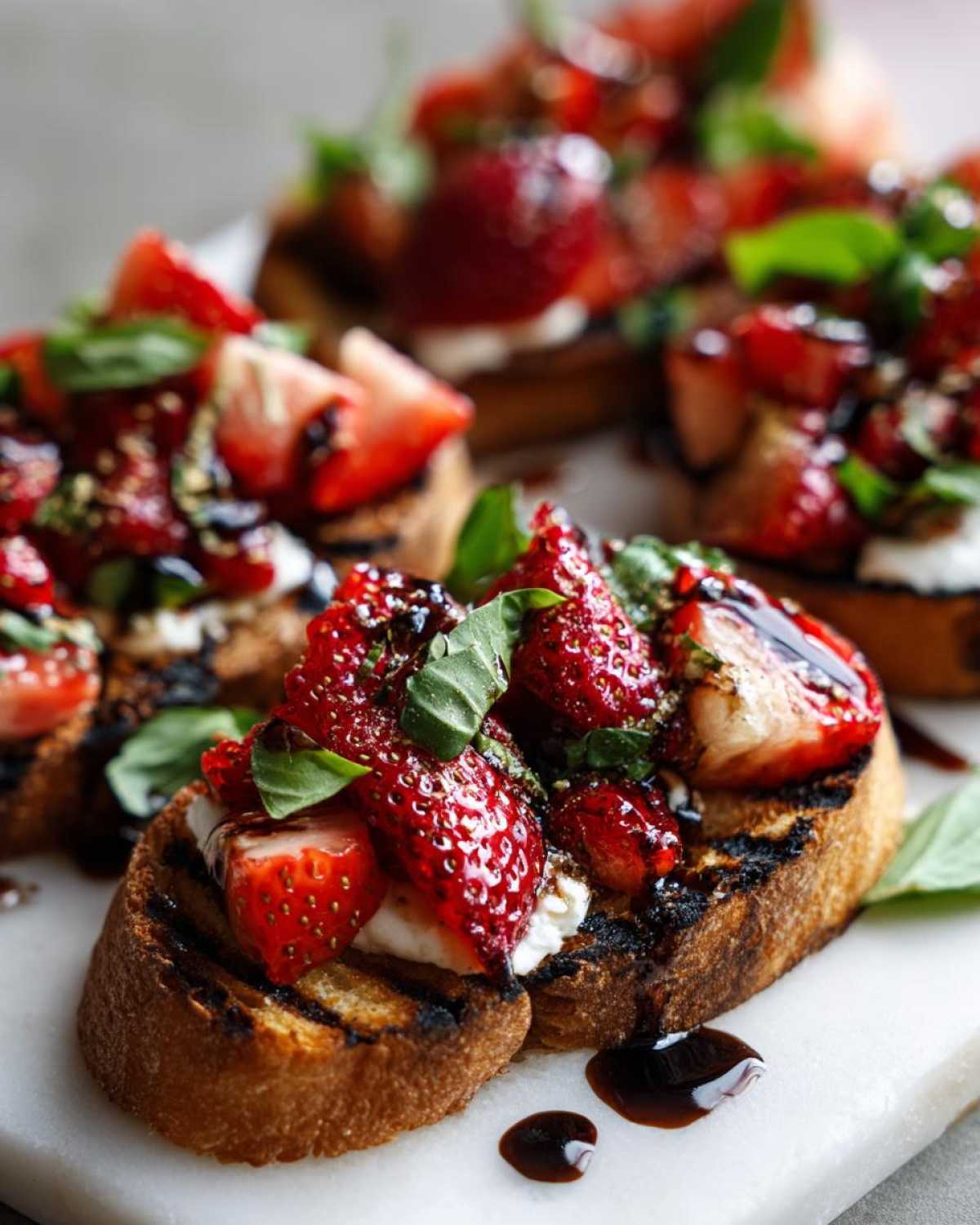 Close-up of Strawberry Balsamic Bruschetta topped with fresh strawberries, basil, and a balsamic glaze.