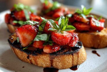 Close-up of Strawberry Balsamic Bruschetta on a plate, featuring toasted bread topped with fresh strawberries, basil, and balsamic glaze.