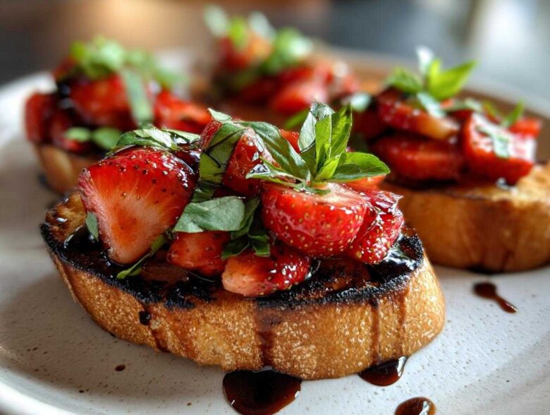 Close-up of Strawberry Balsamic Bruschetta on a plate, featuring toasted bread topped with fresh strawberries, basil, and balsamic glaze.