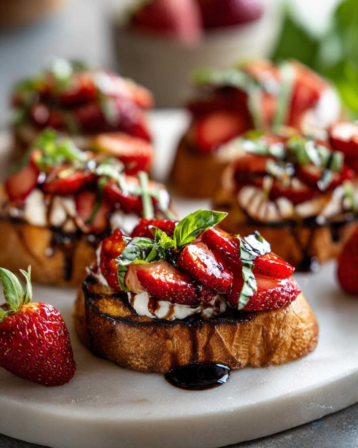 Close-up of Strawberry Balsamic Bruschetta topped with fresh strawberries, creamy cheese, and basil leaves, drizzled with balsamic glaze.