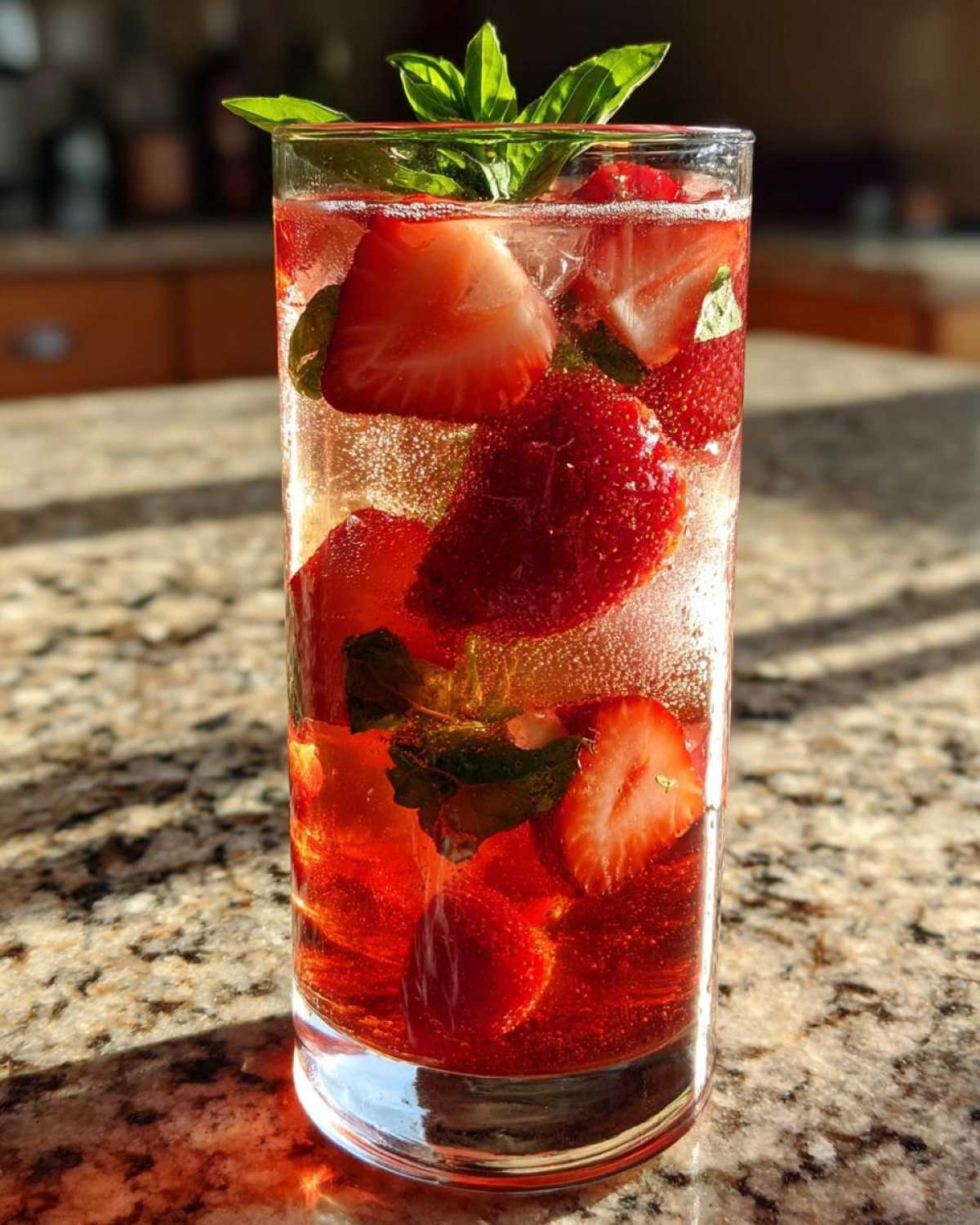 A tall glass filled with Strawberry Basil Sangria, featuring fresh strawberries, basil leaves, and ice.
