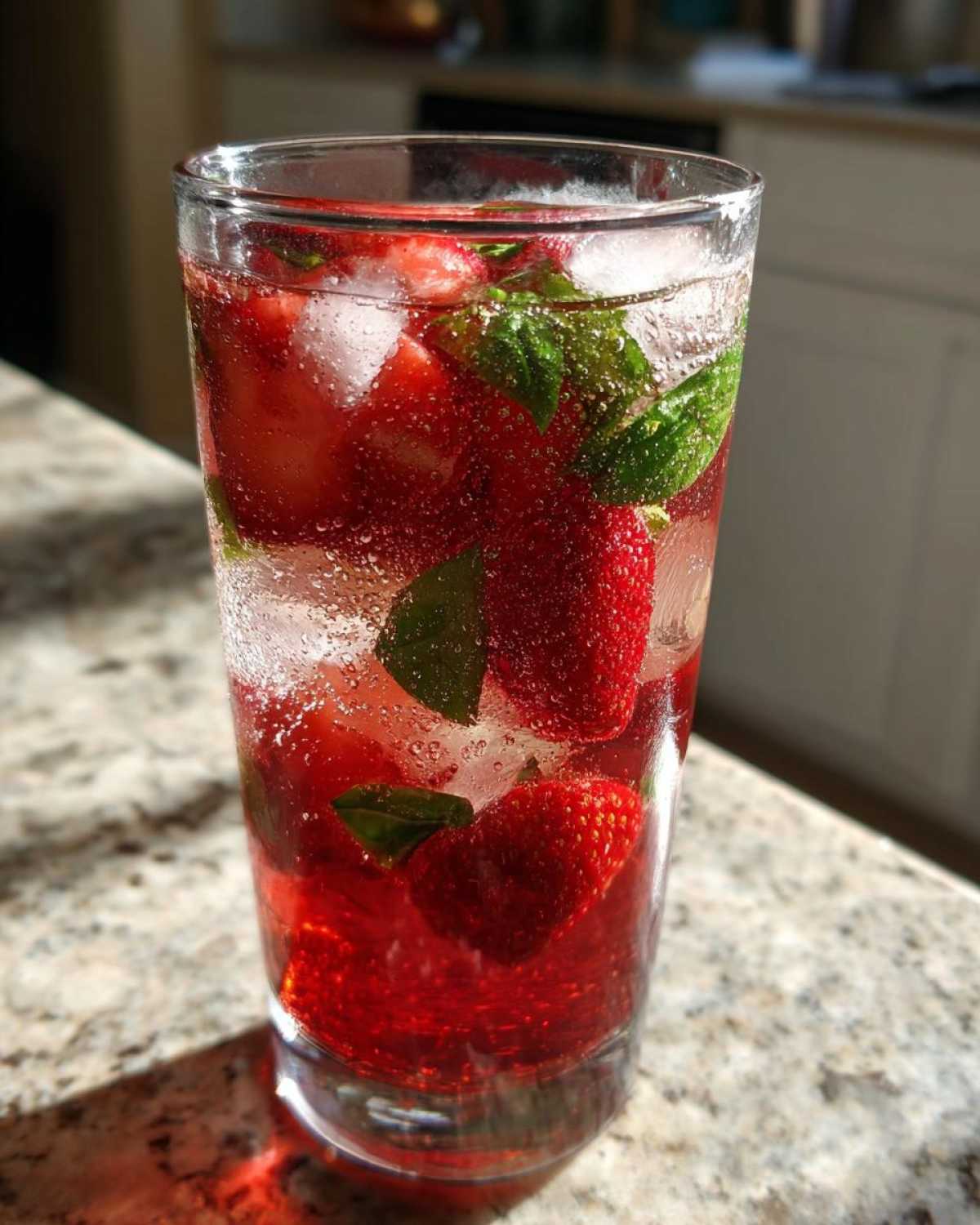 Close-up of a tall glass filled with Strawberry Basil Sangria, featuring fresh strawberries, basil leaves, ice, and bubbles.